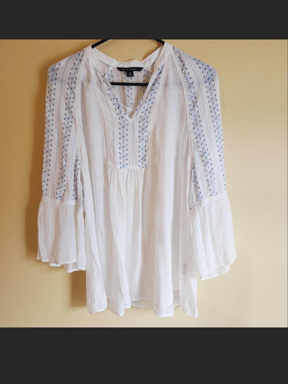 Zac & Rachel White Peasant Blouse with Blue Embroidery
